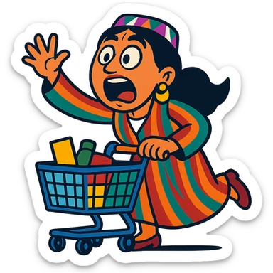 cartoonish Uzbek woman with a shopping cart, exaggerated emotions sticker