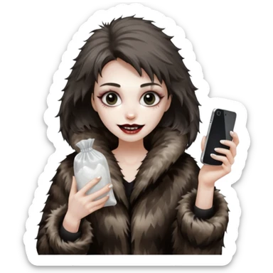 she is wearing a fur coat and has a transparent tiny, small  plastic bag full of white powder, and her phone in the other hand, she has lost so much weight, she looks evil , she has an evil grin sticker
