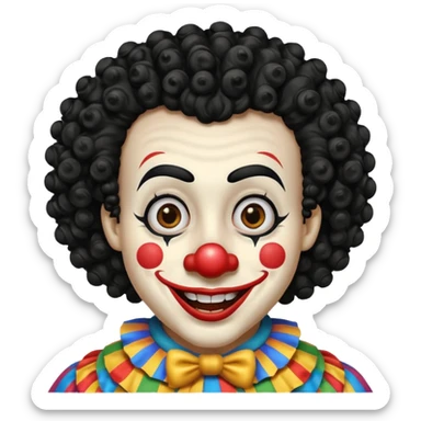 generate clown emoji with a big curly black hair 

wide black smile, long and pointy white nose sticker