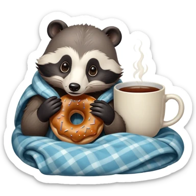 badger cozy in bed with blanket eating a donut and tea sticker