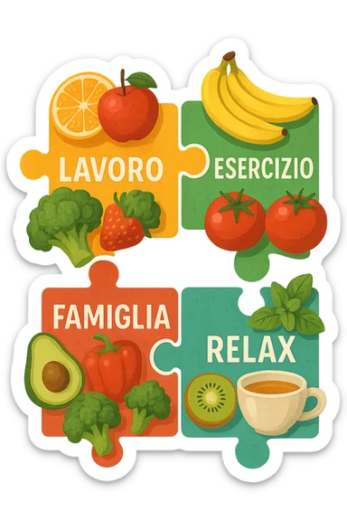 Puzzle (Lavoro, Esercizio, Famiglia, Relax), and healthy foods are integrated into each piece. in italiano sticker