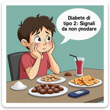 symbolic scene of a person sitting at a table with plates of sweets and sugary drinks, worried look, glucometer on the table, Italian text 'Diabete di tipo 2: segnali da non ignorare', 4K quality sticker