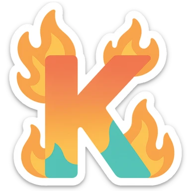 colorful letter 'K' with cartoon-style flames licking the edges sticker