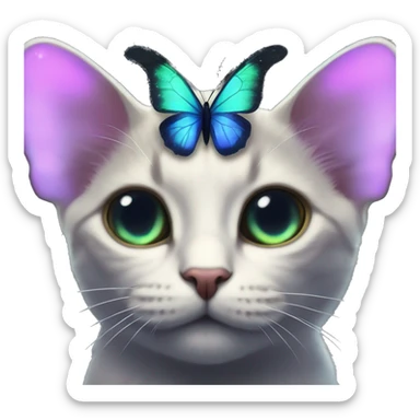 Dark iridescent butterfly glowing on top of cats head  sticker
