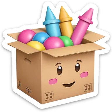 cardboard box with toys, pink sticker