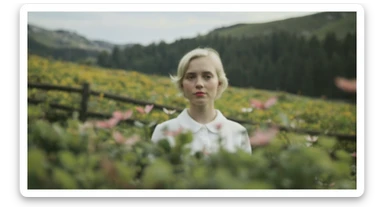 A portrait of a white person in the foreground, blurred plants in the foreground, a wooden fence and colorfull flowers in the midground, rolling hills in the background, cinematic depth of field, layered composition, natural lighting sticker