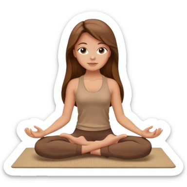 Brown long hair, white girl sitting on a beige rug doing yoga, brown clothes sticker