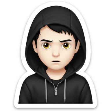Vampire boy with the short black hair, pale scin, black eyes, little fangs and dark circles under his eyes. He has serious face and he wear a black hoodie sticker
