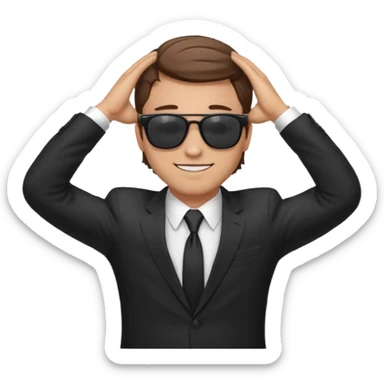 a white man, brown hairs, in formal suit wearing sunglasses resting with hands behind head sticker