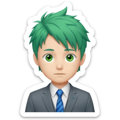 deku : boy anmie green hair green eyes in a ua gray jacket and blue tie suit with frenkles sticker