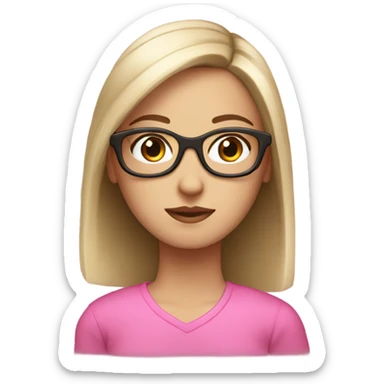 white girl with straight medium hair, brown eyes and pink glasses sticker