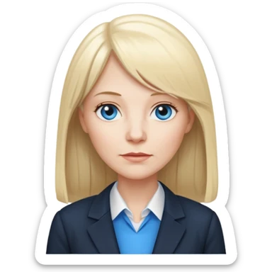 450 yr old white woman, pale skin, long straight blond hair parted in center, blue eyes, bangs, clothes for office sticker