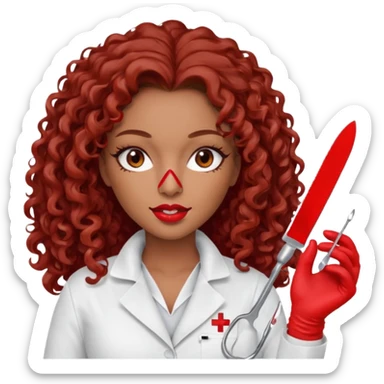 Seductress woman scalpel in hand, evil surgeon sexy surgeon clothes.  She has red eyes. Her  brown long curly hair. Wears sexy doctor outfit with red gloves. make her hair free and brown but she  wear mouth cover   to hide. Wears white surgeon jacket and  only   death long , long beown hair  sticker