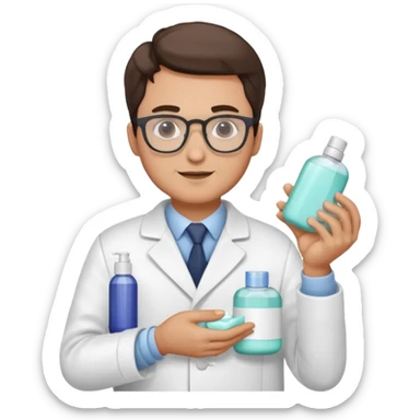 man with white coat and glasses holding skincare products sticker