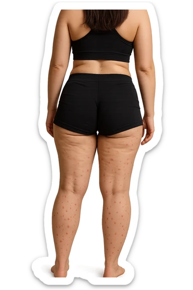 donna di schiena in gym shorts con cellulite e red spot sparsi sulle gambe sticker