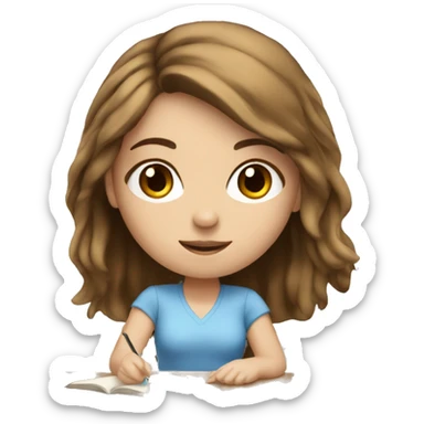 white girl studying at a desk, brown hair, blue eyes, computer sticker