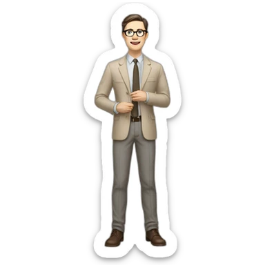 Full height Gesticulating Pale skinned fit man with dark brown hair in gray jacket, beige office shirt, brown tie, brown pants and vintage glasses. sticker