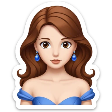 Cinematic Elegant Belle Portrait Emoji, rendered in a realistic, vector-style with minimal shading and bold, simplified shapes. Depict Belle (chest and above) with fair, luminous skin, deep brown expressive eyes, and long, flowing chestnut hair styled elegantly, wearing her classic blue ball gown. The image glows with a soft, warm radiance and high shine, capturing timeless refined beauty. sticker