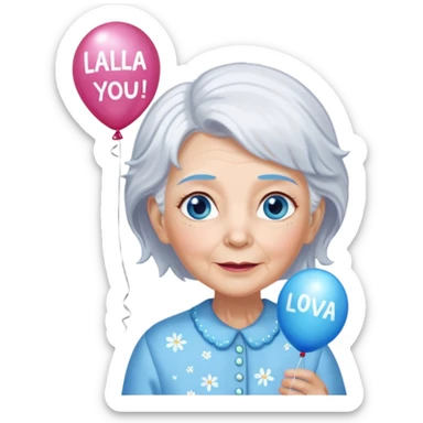 Grandma with right blue eyes white glitter hair, thin, holding a balloon that says Lala loves you!  sticker