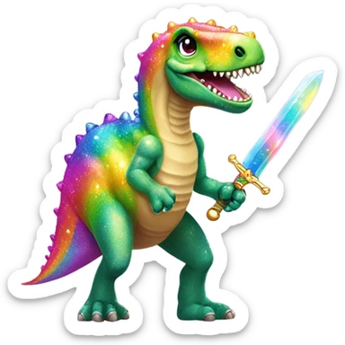 Lisa frank glitter rainbow cute dinosaur with sword and jewels sticker