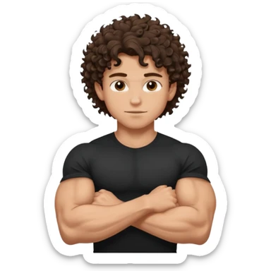 muscular teen boy with veiny hands arms and biceps. has messy brunette curly hair with tan skintone with black tshirt sticker