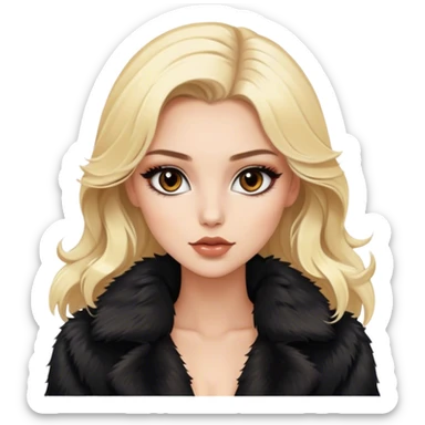 Blonde model with brown eyes, black fur coat, luxury makeup sticker