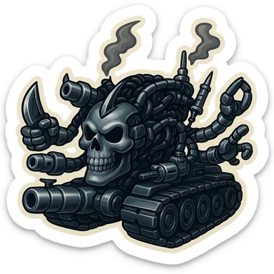A skull robot tank with 4 distinct arms, each hand holding a different weapon: a large industrial blade, a blaster, a menacing syringe, and a claw. The exterior metal is extra shiny silver grey, inside cables and tech almost black. Smoke from the top is dark shaded. The skull face is smaller, dropped down and forward, and the overall proportions match the attached reference. Retro stickers style, clean outline, transparent background. sticker