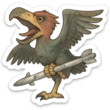 an insignia for a flag: a strange foreign alien bird creature, resembling a prehistoric phorusrhacos, gripping a sidewinder missile in its' powerful claw, standing up on its' other claw, cawing fiercely, wings spread in defiance.
 sticker