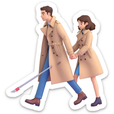a man in a trench coat dragging a girl, stylized as a 3D cartoon sticker