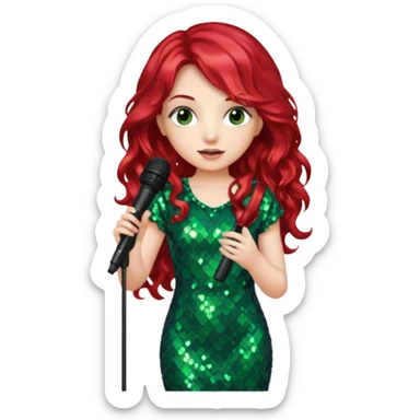girl in green blink dress, red long wavy hair, holding a mic



















 sticker