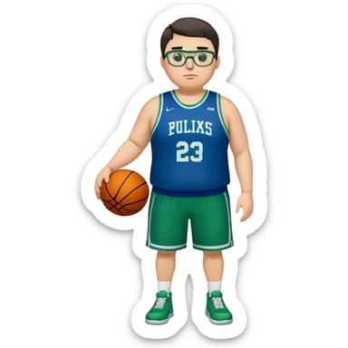 Full Body tall plus size white male with dark short hair basketball player wearing glasses wearing blue green uniform sticker