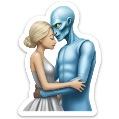 White man in blue dress  hugs and kissing Alien reptilian woman in silver dress  sticker