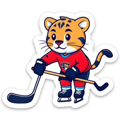 A Florida panther on a ice rink wearing a jersey in red sticker