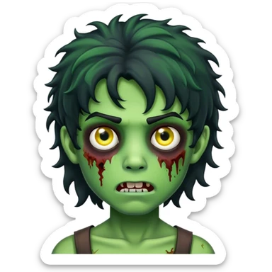 boy zombie with black curly hair mullet with green skin sticker