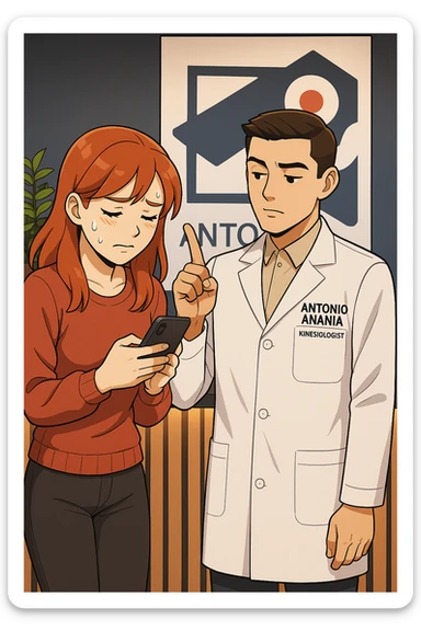 su questo stile fai un manga/webtoon a colori in cui una donna CONTROLLA LO SMARTPHONE MENTRE PARLA CON L'UOMO, l'uomo della foto in stile manga LE DICE DI "NO" CON IL DITO, mantieni un ambiente simile alla foto che ho allegato con il suo logo (sarebbe il suo studio, lui è un kinesiologo), scrivigli "ANTONIO ANANIA" sul camice bianco, non mettere fumetti, ma fai in modo che sembri che la donna CONTROLLI LO SMARTPHONE E L'UOMO CON I GESTI LE FACCIA CAPIRE CHE STA SBAGLIANDO sticker