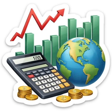 An icon featuring a calculator, a dollar sign, and a chart with upward trends, symbolizing economics. The design includes coins, bills, and a globe, representing global trade and financial systems. Transparent background highlights the study of markets, supply, and demand. sticker
