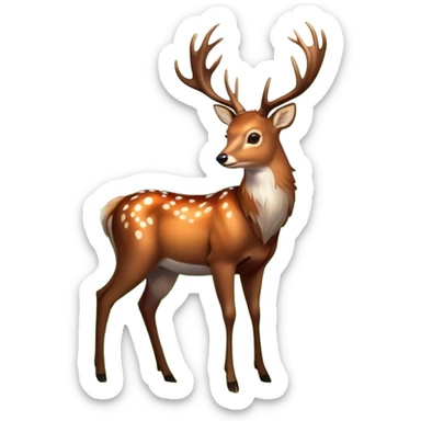 A majestic forest deer with glowing antlers, surrounded by soft green foliage and dappled sunlight, in a magical woodland style. sticker