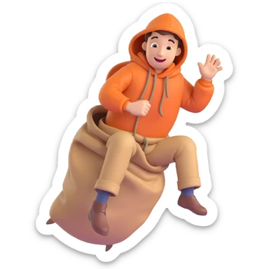 3D emoji style man in a sack, jumping, cheerful expression sticker
