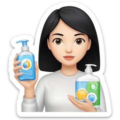 Generate a light-skinned girl with black hair who takes skincare. On the left hand side, she holds a detergent in her hand, and on the right hand side on the sheath, it is the one she applied. sticker