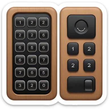 wooden rectangle keypad with a black small screen and a door holder sticker