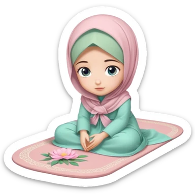 Turkish beautiful finish Konya girl blue eyes with powder pink and mint color flower hijab long tail dress and sits on the pray mat namaz on the ground with dua  sticker
