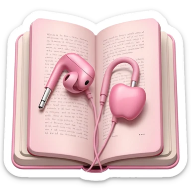  pink Pink Apple-style earbuds lying on an open book, soft pastel tones, cozy and minimal aesthetic, realistic lighting and shadows, top-down view, transparent background" sticker