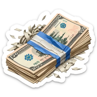 single stack of russian ruble notes blown into pieces because of explosion sticker