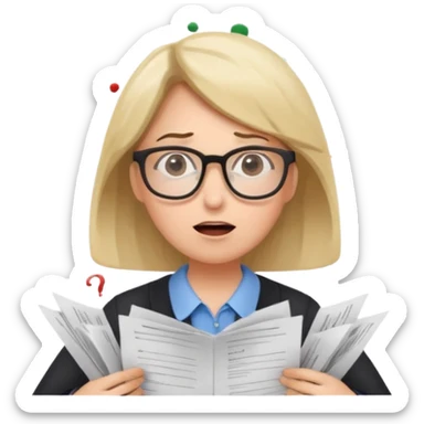A kindergardenteacher with an overwhelmed expression, surrounded by flying papers and three question marks. sticker
