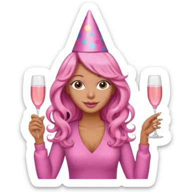 One lady with long pink curled hair and tan skin holding a glass of  pink champagne in each hand sticker
