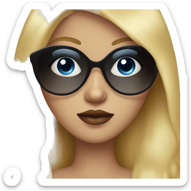 Girl with long blonde hair, blue eyes, black sunglasses that cover her eyes and cherry lipstick and a crown sticker
