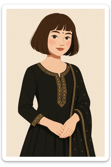 a girl with a black Indian dress, bob cut brown hair, and white skin tone, in a modern illustration style sticker