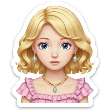 Slavic girl with peachy-pink pale skin, medium-short length straight-wavy light golden brown hair, dark blue eyes, wearing a fancy ruffle pastel yellow top and expensive light gold jewelry sticker