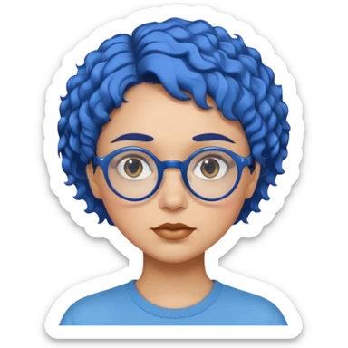 laydy with short, curly blue hair, matching blue eyebrows, light brown skin, round black glasses, and a neutral facial expression. sticker