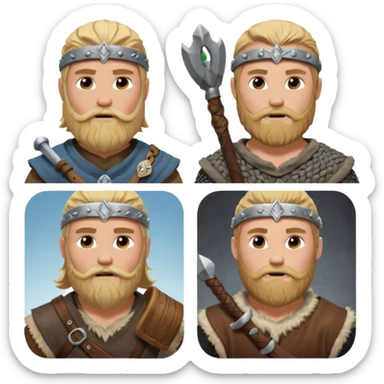 bana kick yayınları için sakallı sarışın viking abonelik rozeti oluştur 1. seviye olanın ekipmanları tahta olsun 2. seviye olanınkiler gümüş olsun 3. seviyeler savaşçı gibi görünsün 4. seviyeler berzerker gibi görünsün  sticker